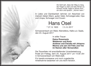Traueranzeige von Hans Osel von Frankenpost