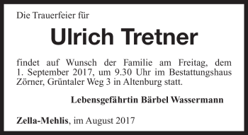 Traueranzeige von Ulrich Tretner von Südthüringer Presse