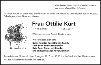 Traueranzeige von Ottilie Kurt von Frankenpost