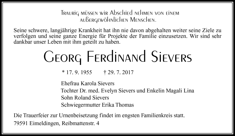  Traueranzeige für Georg Ferdinand Sievers vom 05.08.2017 aus Südthüringer Presse