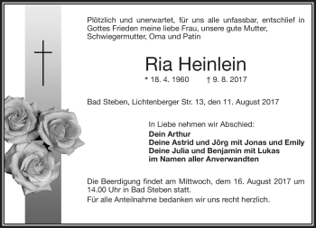 Traueranzeige von Ria Heinlein von Frankenpost
