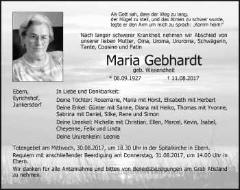 Traueranzeige von Maria Gebhardt von Neue Presse Coburg