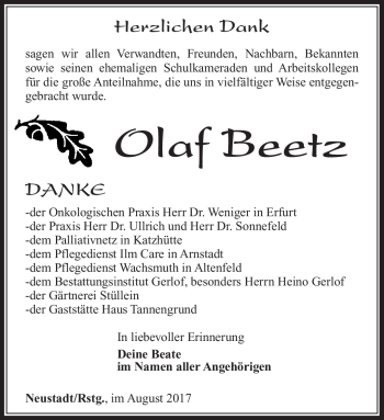 Traueranzeige von Olaf Beetz von Südthüringer Presse