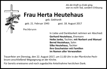 Traueranzeige von Herta Heutehaus von Frankenpost