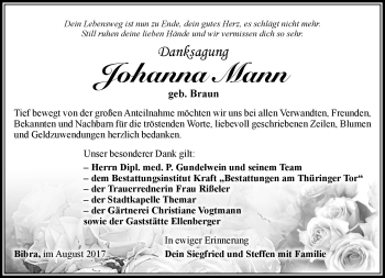 Traueranzeige von Johanna Mann von Südthüringer Presse