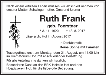 Traueranzeige von Ruth Frank von Frankenpost