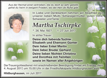 Traueranzeige von Martha Tschirpke von Südthüringer Presse