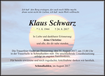 Traueranzeige von Klaus Schwarz von Südthüringer Presse