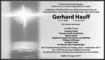Traueranzeige von Gerhard Hauff von Südthüringer Presse
