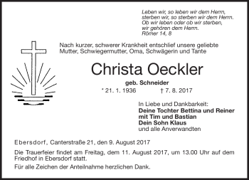 Traueranzeige von Christa Oeckler von Neue Presse Coburg