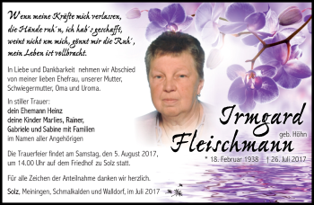Traueranzeige von Irmgard Fleischmann von Südthüringer Presse