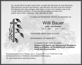Traueranzeige von Willi Bauer von Frankenpost