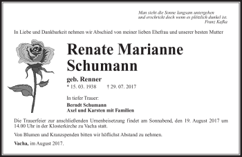Traueranzeige von Renate Marianne Schumann von Südthüringer Presse