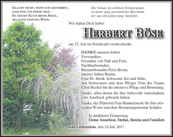 Traueranzeige von Herbert Böse von Südthüringer Presse