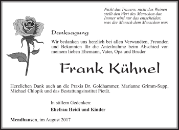 Traueranzeige von Frank Kühnel von Südthüringer Presse