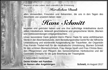 Traueranzeige von Hans Schmitt von Südthüringer Presse