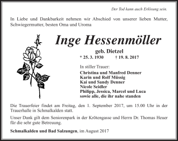 Traueranzeige von Inge Hessenmöller von Südthüringer Presse