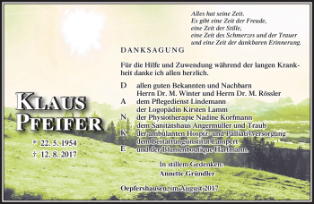 Traueranzeige von Klaus Pfeifer von Südthüringer Presse