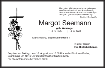 Traueranzeige von Margot Seemann von Frankenpost