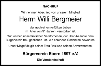 Traueranzeige von Willi Bergmeier von Neue Presse Coburg