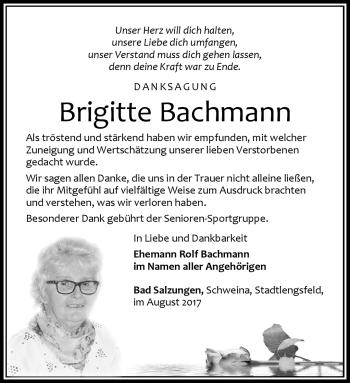 Traueranzeige von Brigitte Bachmann von Südthüringer Presse