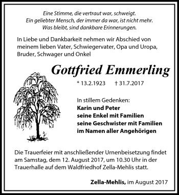 Traueranzeige von Gottfried Emmerling von Südthüringer Presse