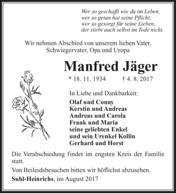 Traueranzeige von Manfred Jäger von Südthüringer Presse