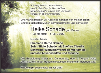 Traueranzeige von Heike Schade von Südthüringer Presse