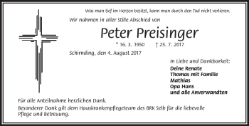 Traueranzeige von Peter Preisinger von Frankenpost