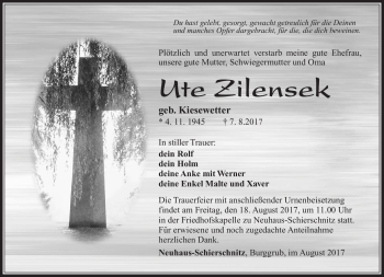 Traueranzeige von Ute Zilensek von Südthüringer Presse