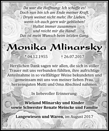 Traueranzeige von Monika Mlinarsky von Südthüringer Presse