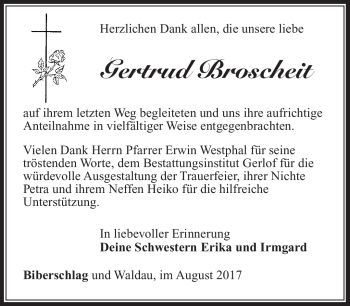 Traueranzeige von Gertrud Broscheit von Südthüringer Presse