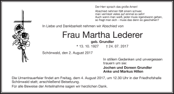 Traueranzeige von Martha Lederer von Frankenpost