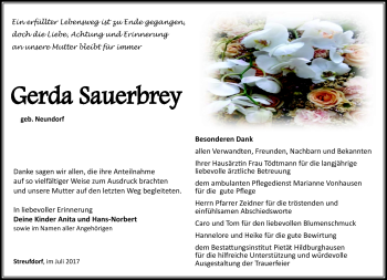 Traueranzeige von Gerda Sauerbrey von Südthüringer Presse
