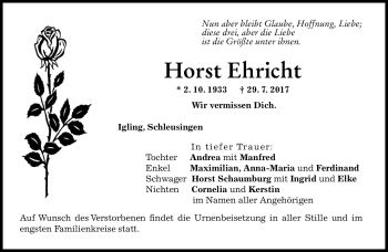 Traueranzeige von Horst Ehricht von Südthüringer Presse