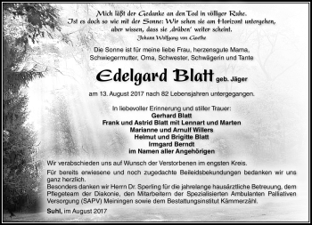 Traueranzeige von Edelgard Blatt von Südthüringer Presse