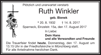 Traueranzeige von Ruth Winkler von Frankenpost