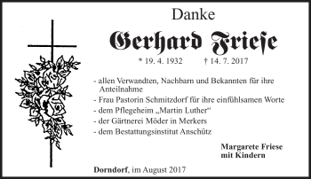 Traueranzeige von Gerhard Friese von Südthüringer Presse