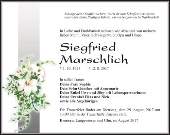 Traueranzeige von Siegfried Marschlich von Südthüringer Presse