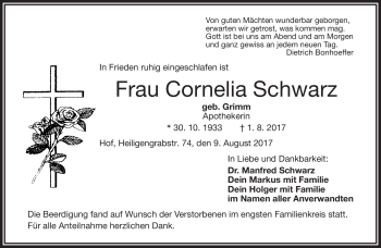 Traueranzeige von Cornelia Schwarz von Frankenpost