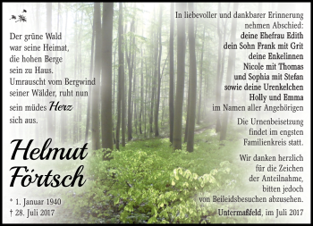 Traueranzeige von Helmut Förtsch von Südthüringer Presse