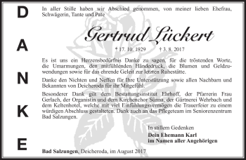 Traueranzeige von Gertrud Lückert von Südthüringer Presse