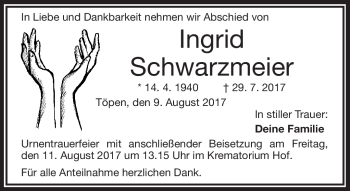 Traueranzeige von Ingrid Schwarzmeier von Frankenpost