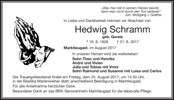 Traueranzeige von Hedwig Schramm von Frankenpost