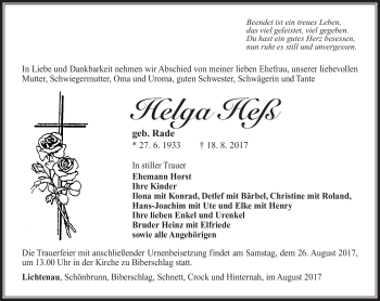 Traueranzeige von Helga Heß von Südthüringer Presse