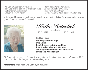 Traueranzeige von Käthe Hetschel von Südthüringer Presse