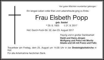 Traueranzeige von Elsbeth Popp von Frankenpost