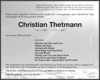 Traueranzeige von Christian Thetmann von Südthüringer Presse
