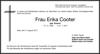 Traueranzeige von Erika Cooter von Frankenpost