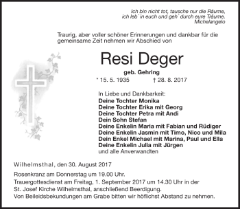 Traueranzeige von Resi Deger von Neue Presse Coburg